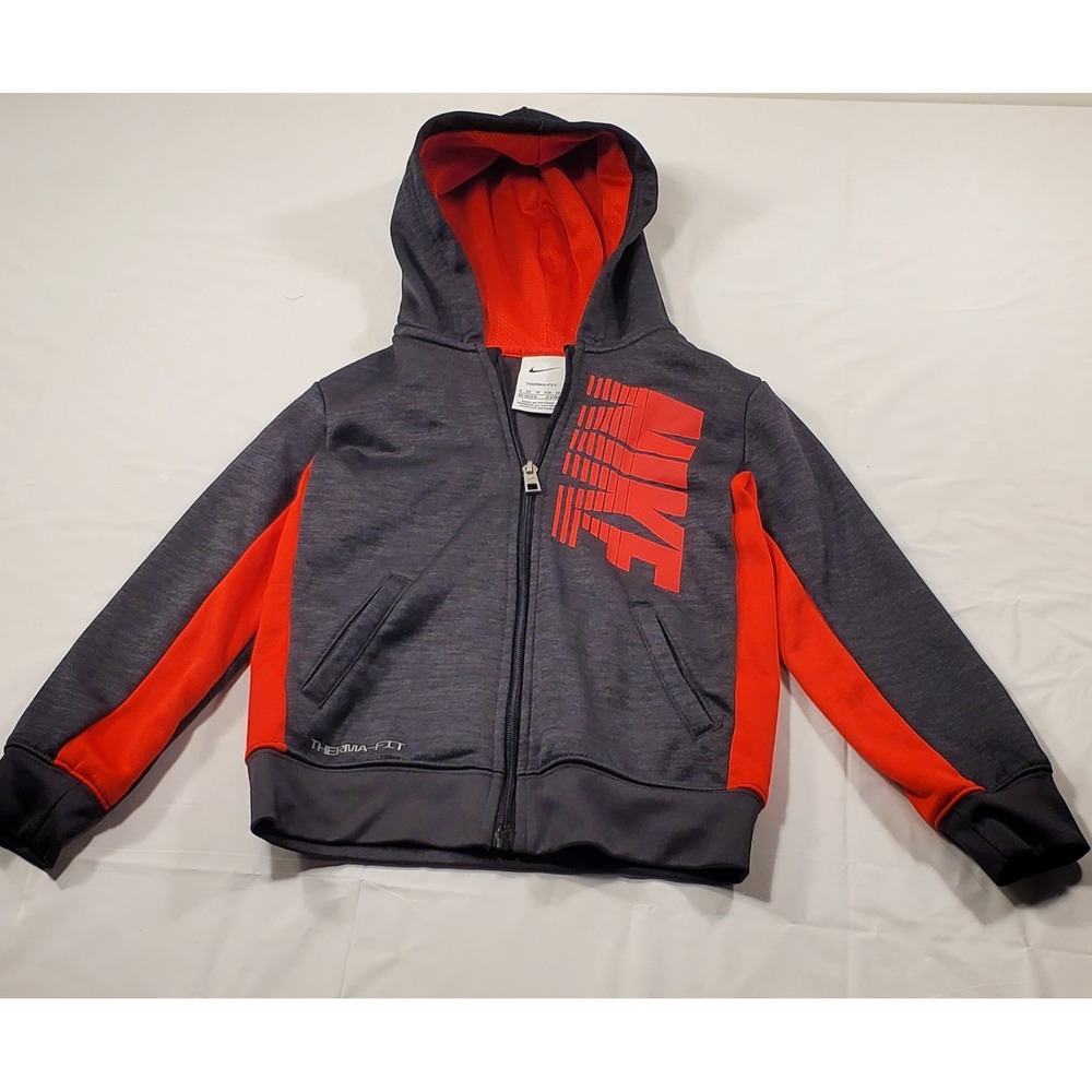 Nike Hoodie Jacket Kids‎ Boy Sz  4xs 3-4YRS Gray Red Full Zip Therma Fit Jacket